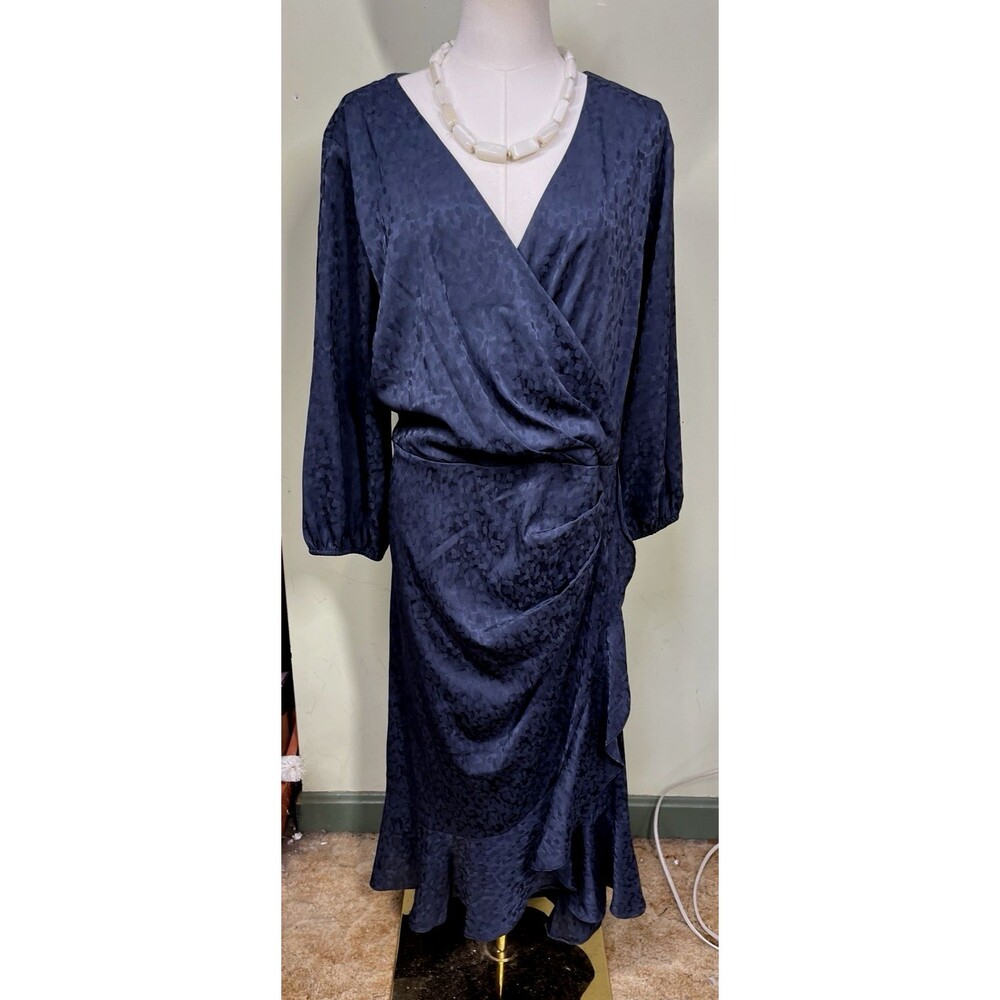 Lane Bryant Sz 20 Faux Wrap Ruffled Jacquard Midi Dress Navy Tonal Animal Print